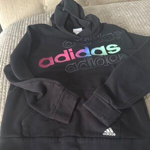 Adidas Black Hoodie with Multicolor Logo. Size 14 large. Good condition.